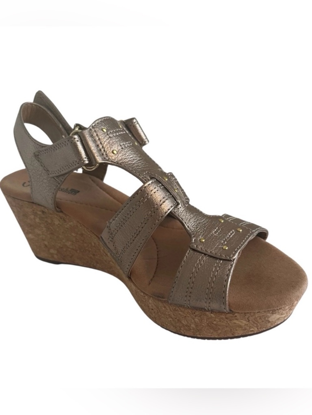 Clarks Gold Metallic Leather "Annadel Orchid" Wedge Sandal 10